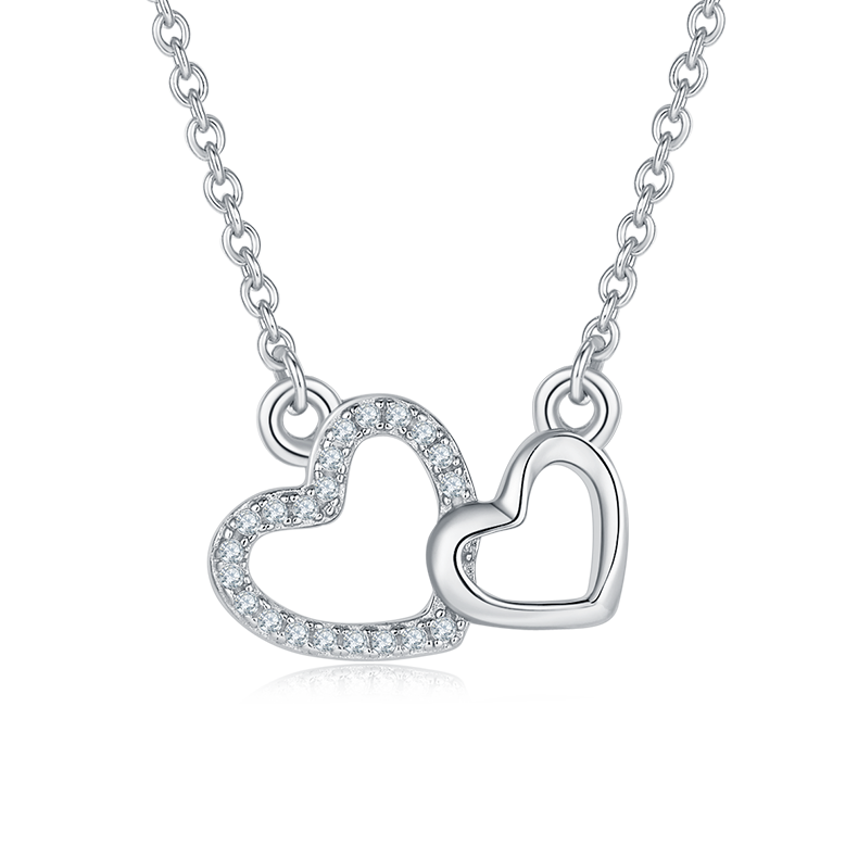 Sterling Silver Double Heart Pendant Necklace, S925, D Grade 0.1CT Accent Stones