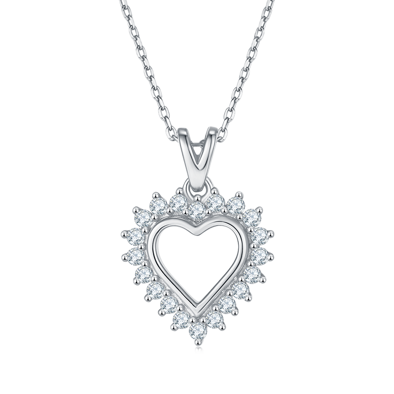 S925 Sterling Silver Moissanite Heart Pendant Necklace, D Grade, 0.54CT, Sunburst Design