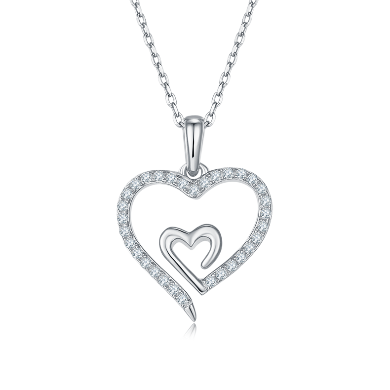 Sterling Silver S925 Double Heart Pendant Necklace, 0.32CT D Grade Moissanite, Romantic Design