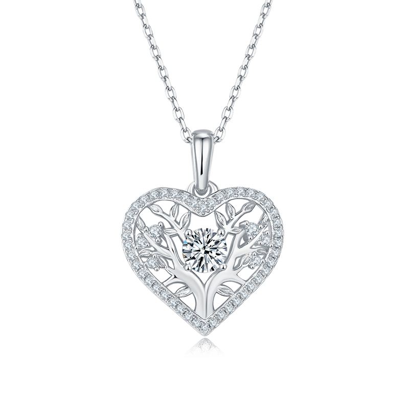 Sterling Silver S925 Heart-Shaped Tree of Life Pendant Necklace, 0.78CT D Grade Moissanite, Intricate Design