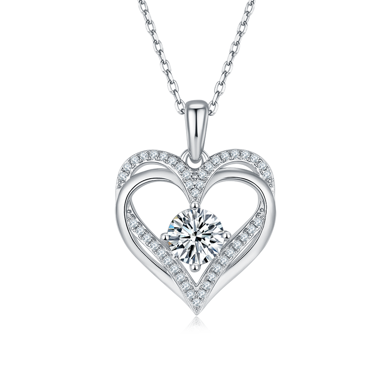 Sterling Silver Heart Pendant Necklace, D Grade Moissanite, 1CT Center Stone