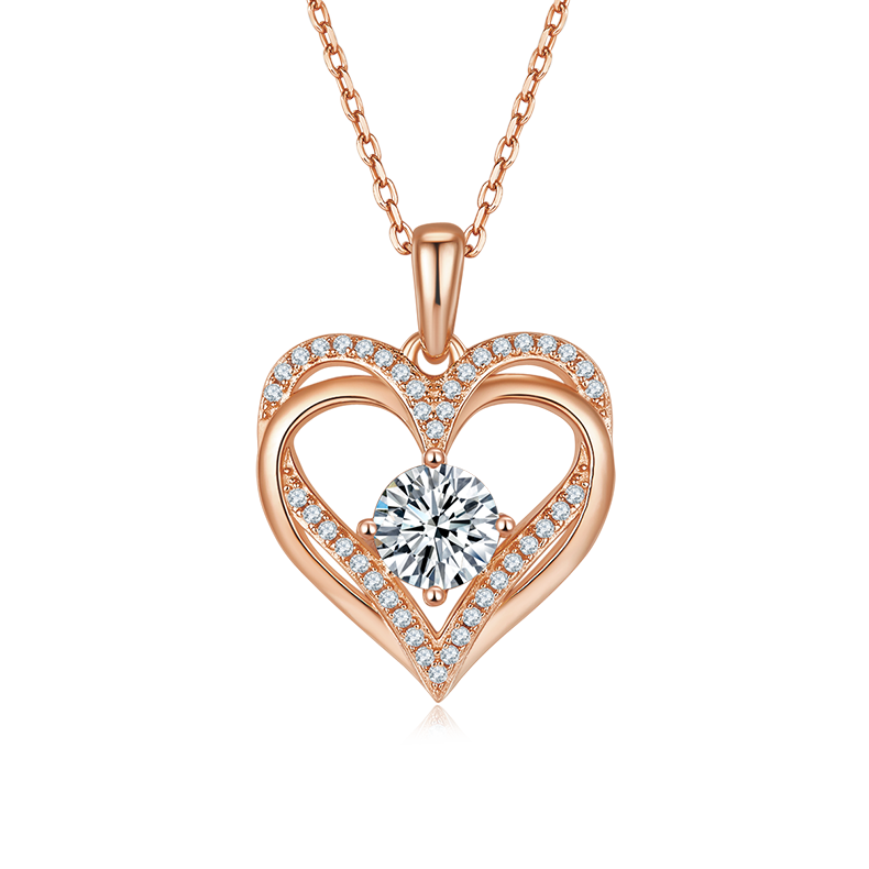 Sterling Silver Heart Pendant Necklace, D Grade Moissanite, 1CT Center Stone