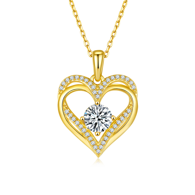 Sterling Silver Heart Pendant Necklace, D Grade Moissanite, 1CT Center Stone