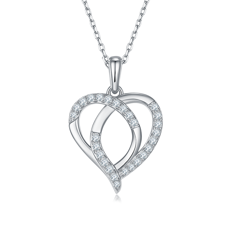 Sterling Silver S925 Intertwined Heart Pendant Necklace, D Grade Moissanite, 0.38CT