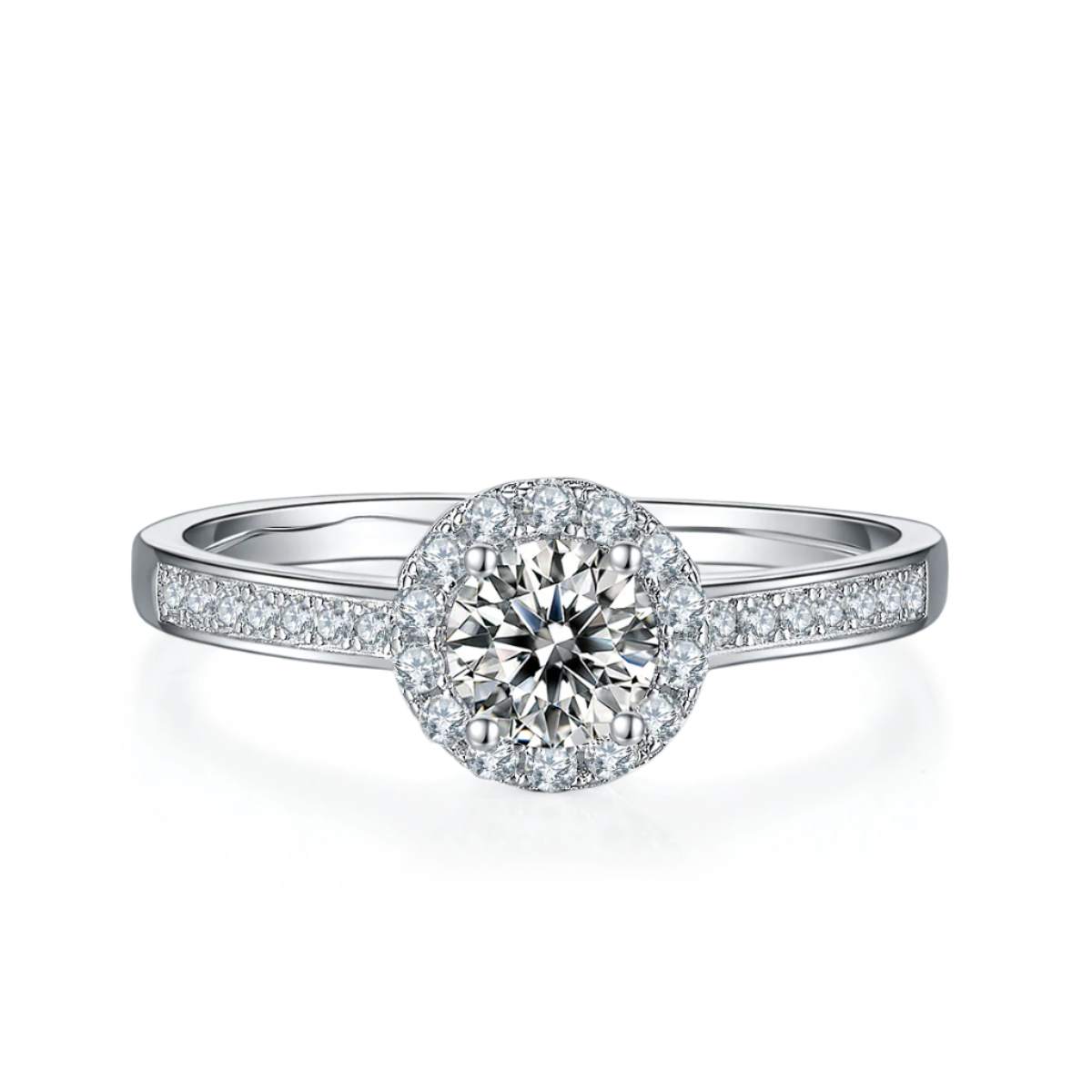 Sterling Silver S925 Moissanite Halo Engagement Ring, 0.50CT D Grade, Pavé Setting AdornMazing Moissanite Rings.