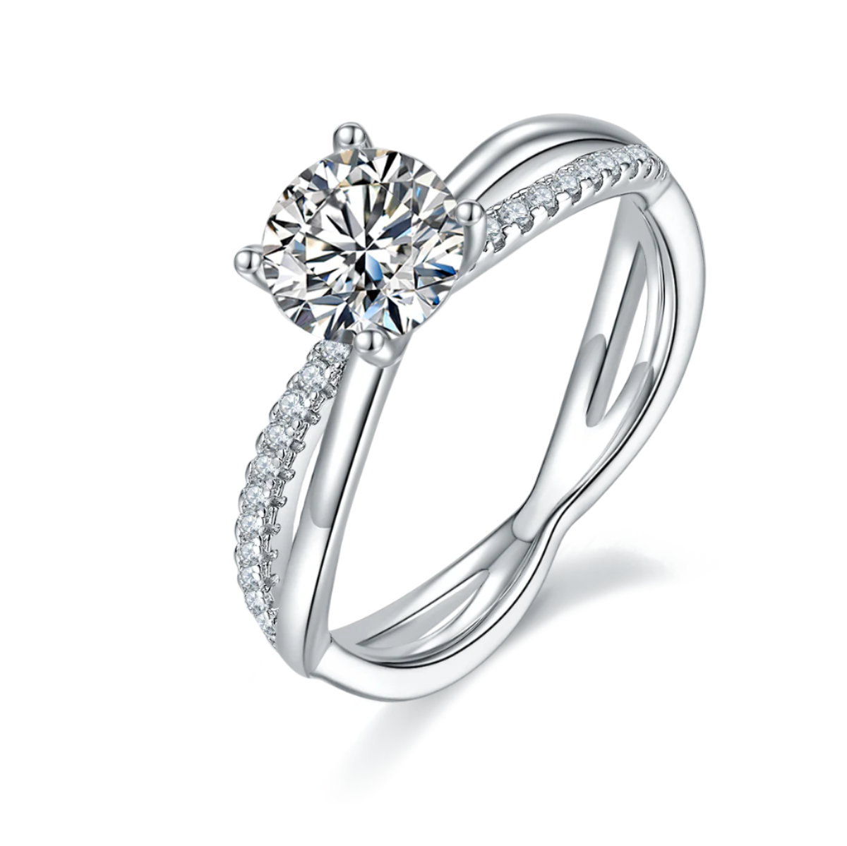 Sterling Silver S925 Solitaire Engagement Ring with 1 Carat D Grade Moissanite, Twisted Design, Pavé Band AdornMazing Moissanite Rings.