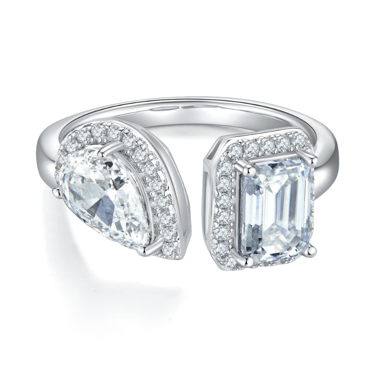 Emerald-Cut Moissanite & Teardrop CZ Ring, 1CT D Grade, S925 Silver, 43 Accent Stones AdornMazing Moissanite Rings.