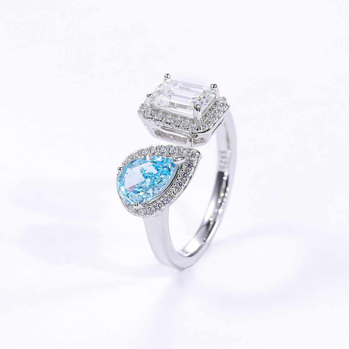 Emerald-Cut Moissanite & Teardrop CZ Ring, 1CT D Grade, S925 Silver, 43 Accent Stones AdornMazing Moissanite Rings.