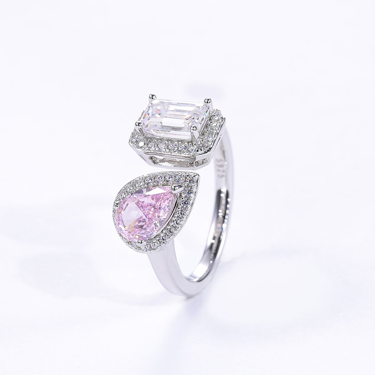 Emerald-Cut Moissanite & Teardrop CZ Ring, 1CT D Grade, S925 Silver, 43 Accent Stones AdornMazing Moissanite Rings.