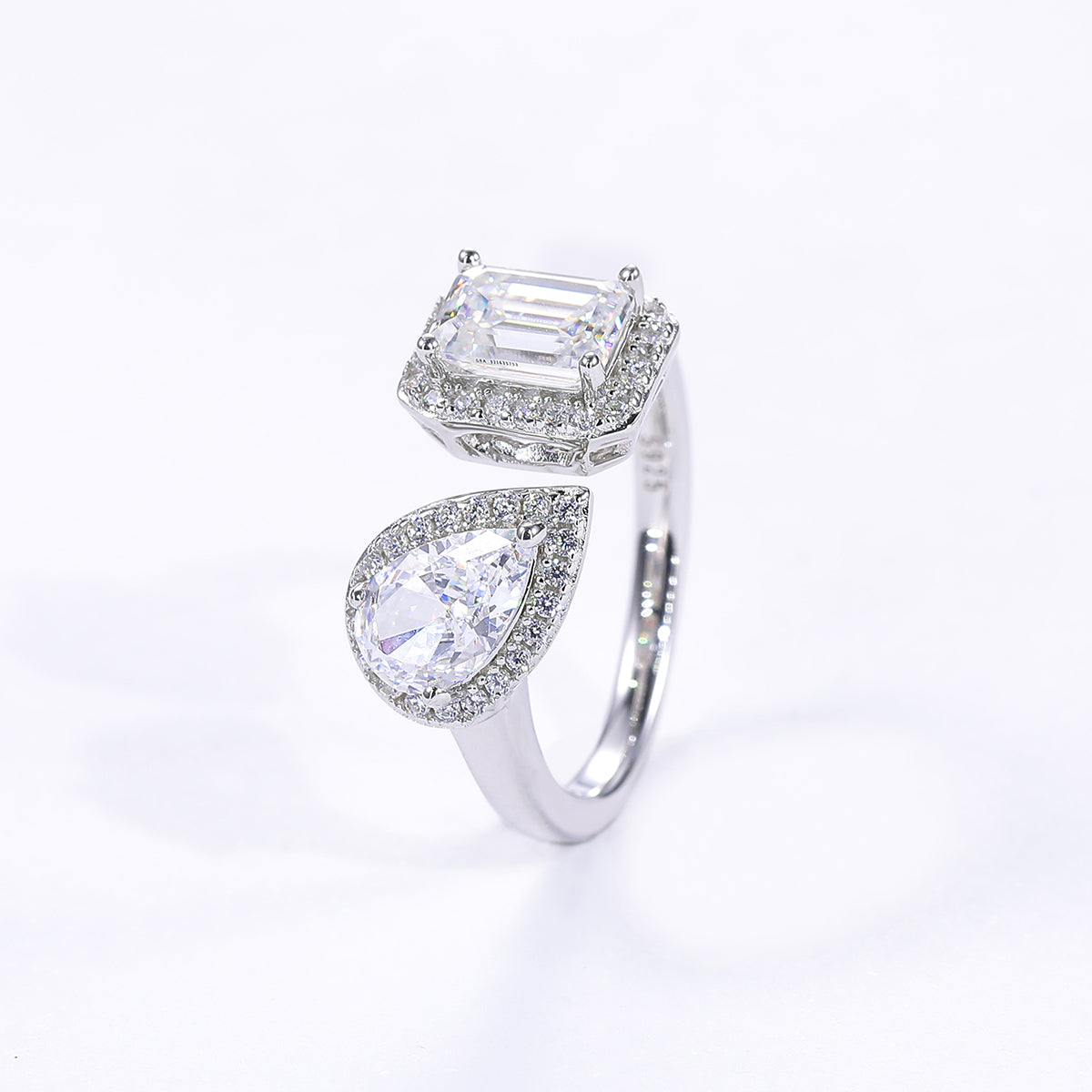 Emerald-Cut Moissanite & Teardrop CZ Ring, 1CT D Grade, S925 Silver, 43 Accent Stones AdornMazing Moissanite Rings.