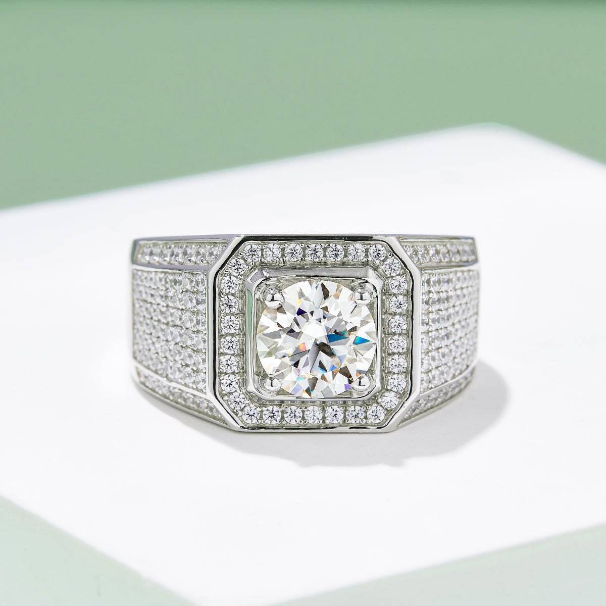 Men’s Sterling Silver S925 Moissanite Ring, 2CT D Grade, Pavé Bold Square Design - AdornMazing