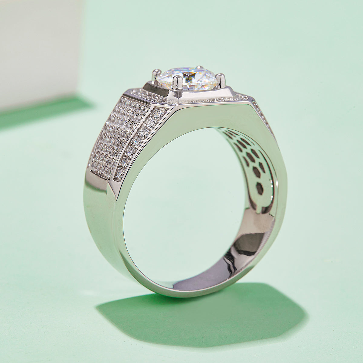 Men’s Sterling Silver S925 Moissanite Ring, 2CT D Grade, Pavé Bold Square Design - AdornMazing