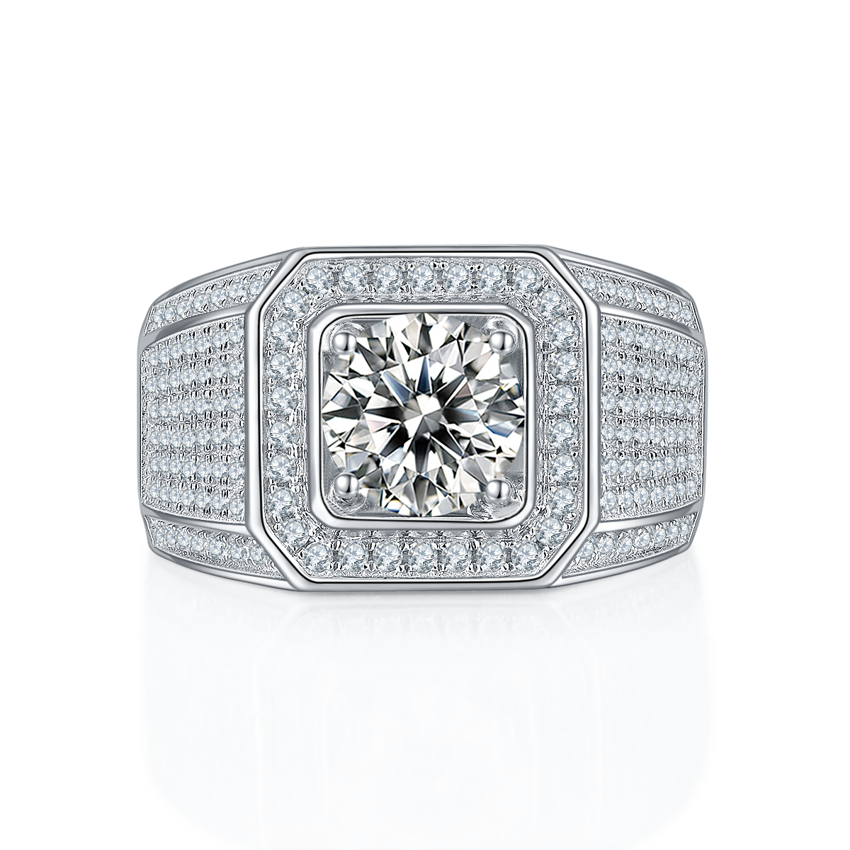 Men’s Sterling Silver S925 Moissanite Ring, 2CT D Grade, Pavé Bold Square Design - AdornMazing