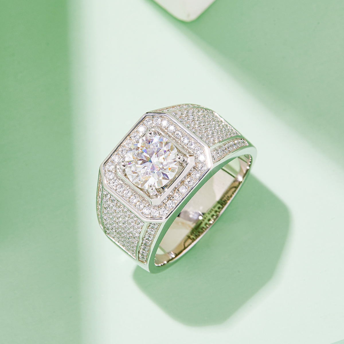 Men’s Sterling Silver S925 Moissanite Ring, 2CT D Grade, Pavé Bold Square Design - AdornMazing