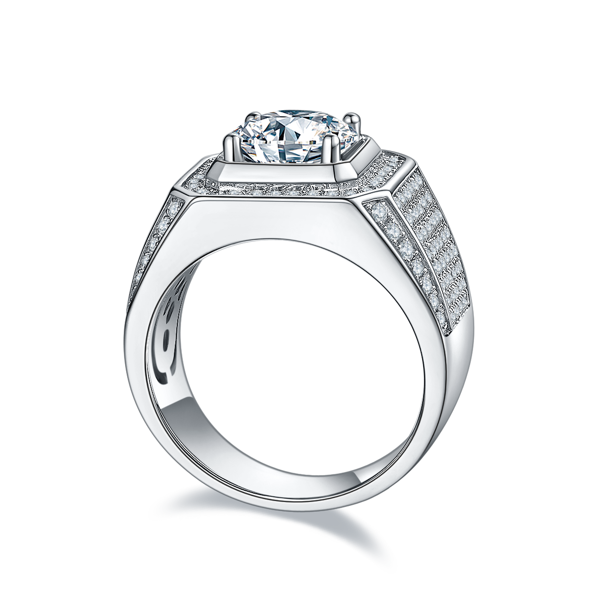 Men’s Sterling Silver S925 Moissanite Ring, 3CT D Grade, Pavé Bold Frame Design - AdornMazing