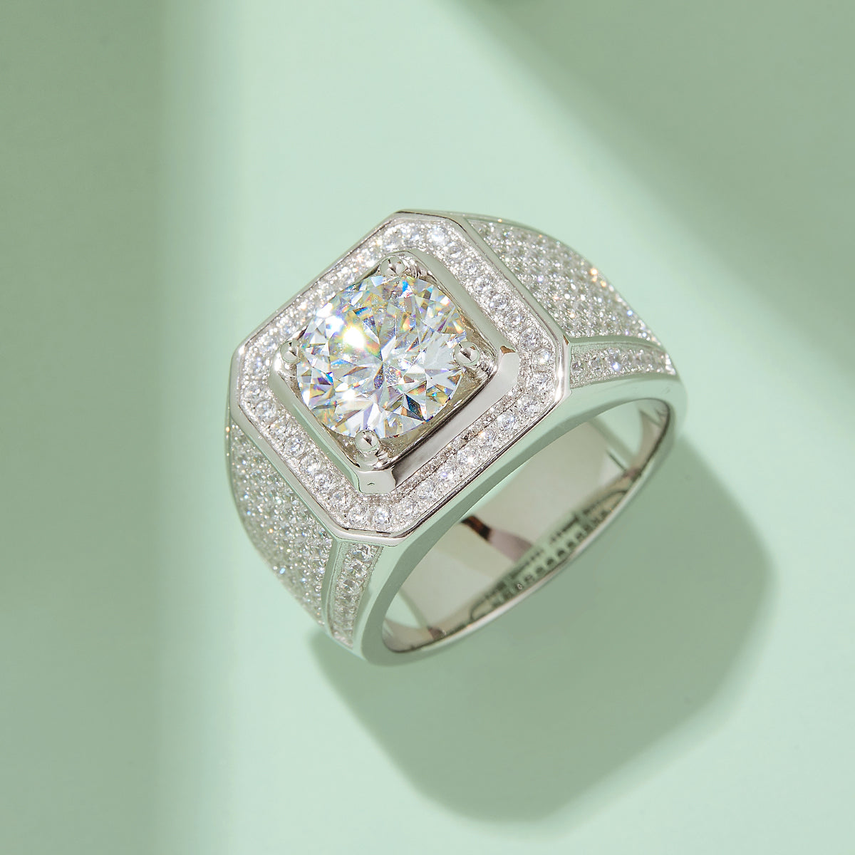 Men’s Sterling Silver S925 Moissanite Ring, 3CT D Grade, Pavé Bold Frame Design - AdornMazing