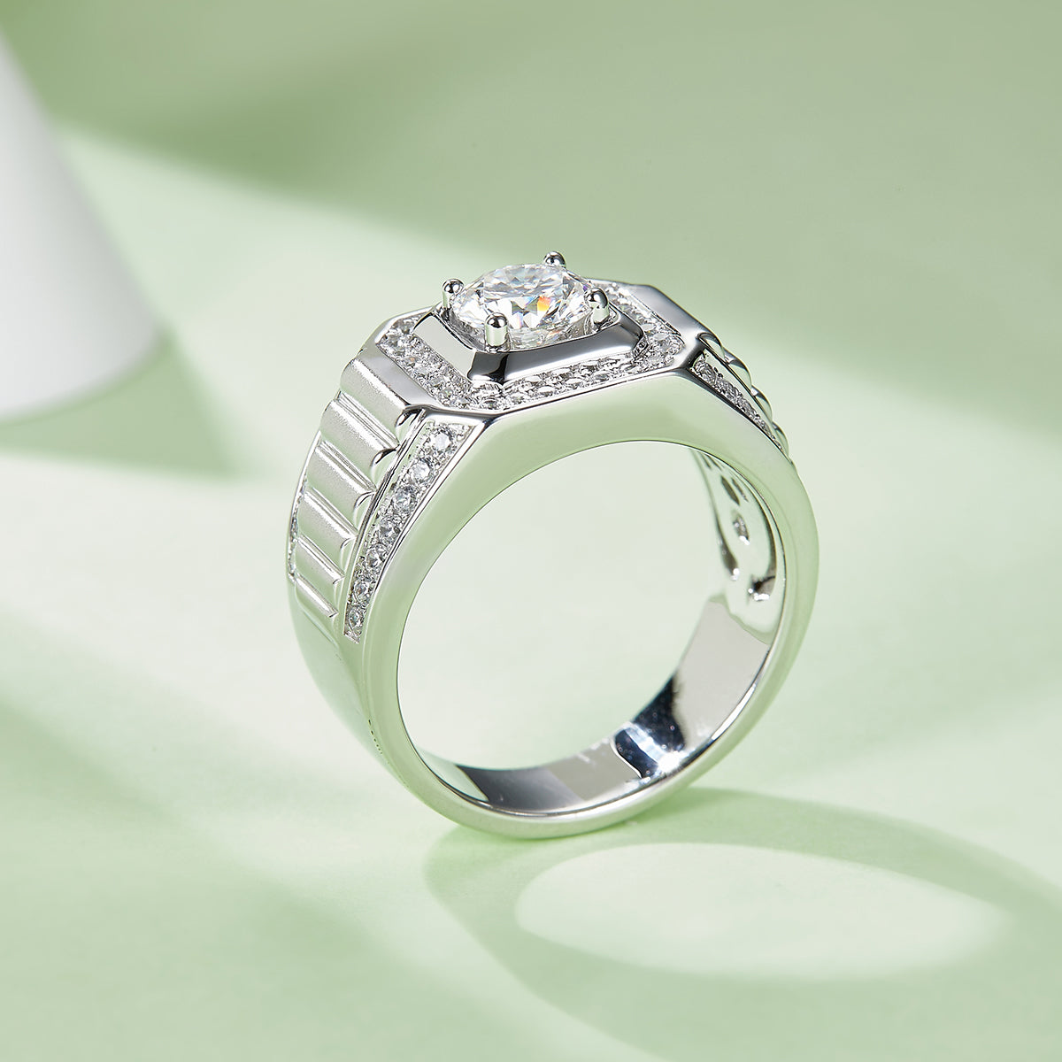 Men’s Sterling Silver S925 Moissanite Ring, 1CT D Grade, Octagon Halo Design - AdornMazing