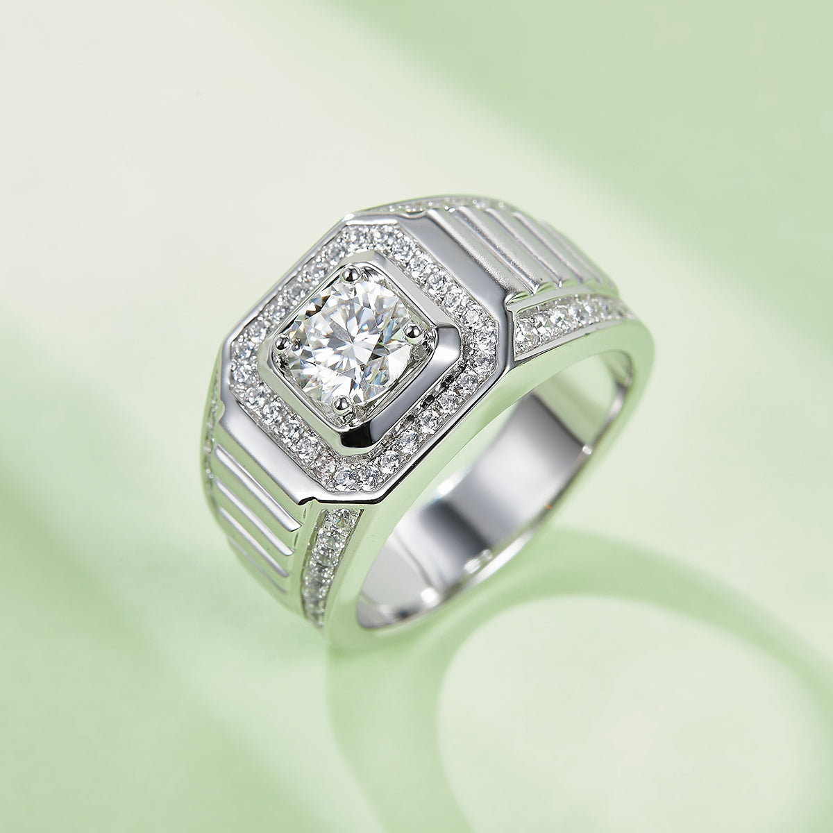 Men’s Sterling Silver S925 Moissanite Ring, 1CT D Grade, Octagon Halo Design - AdornMazing