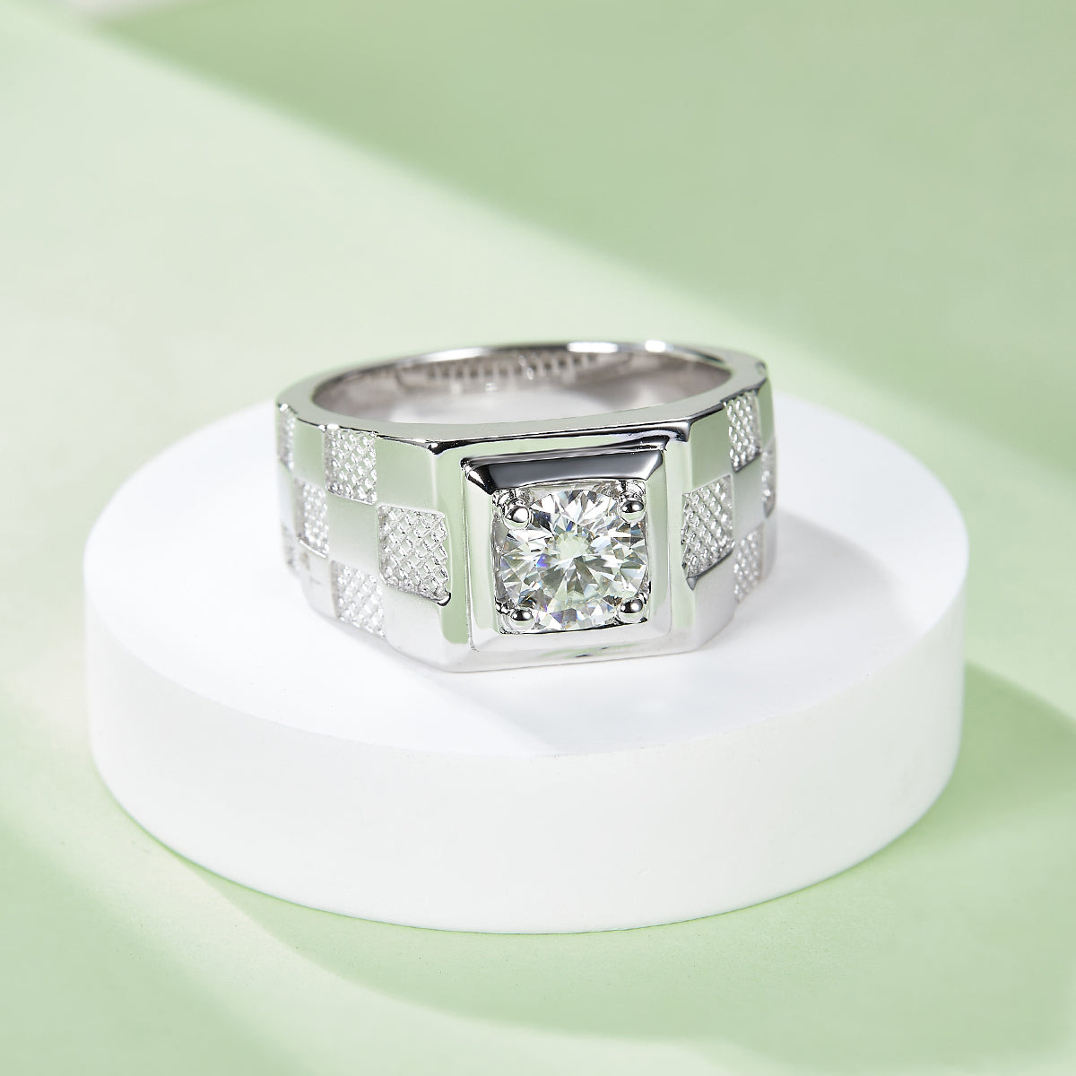 Men's Sterling Silver S925 Statement Ring, 1CT D Grade Moissanite, 18K White Gold Plated, Engraved Check Pattern - AdornMazing