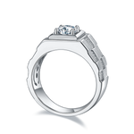 Men's Sterling Silver S925 Statement Ring, 1CT D Grade Moissanite, 18K White Gold Plated, Engraved Check Pattern - AdornMazing
