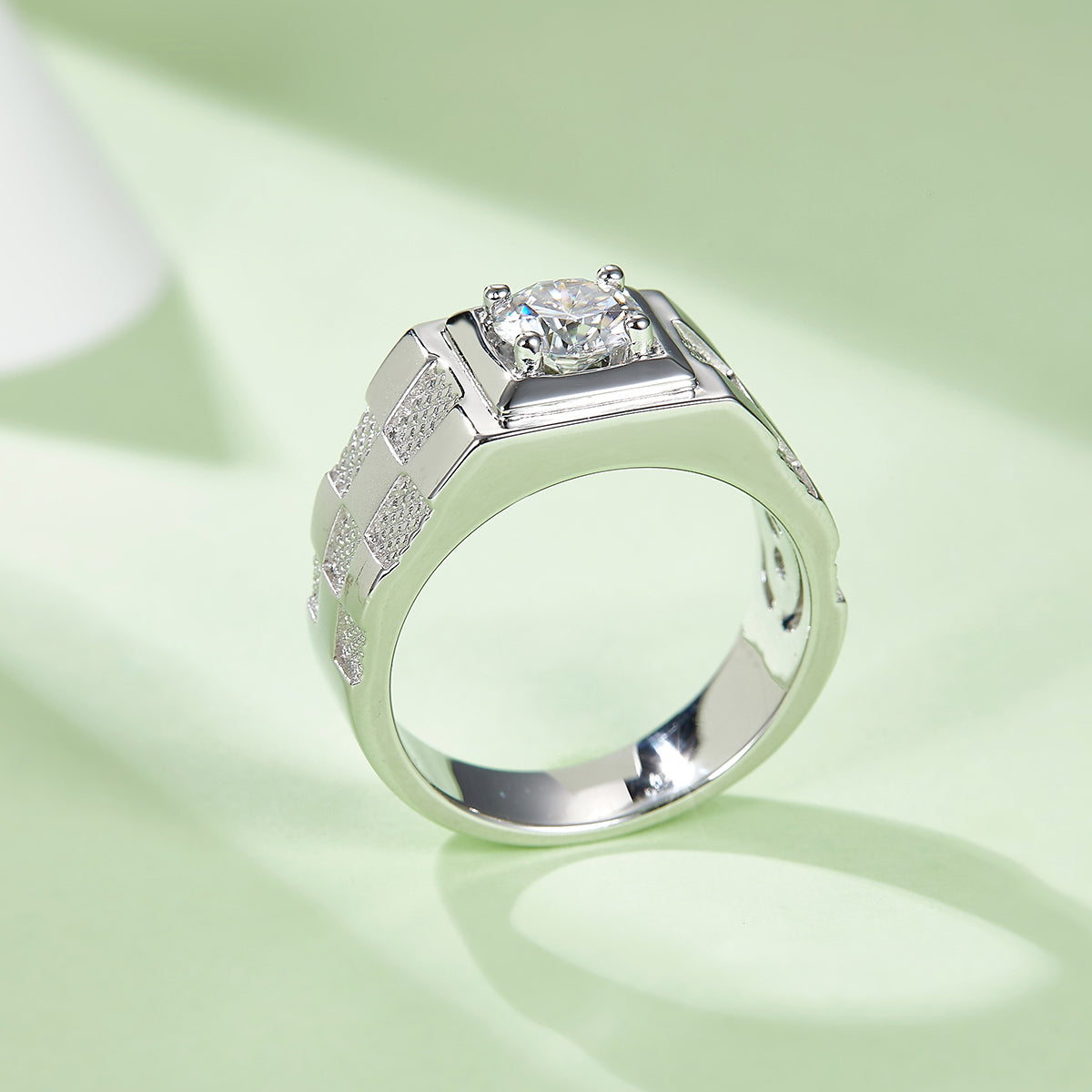Men's Sterling Silver S925 Statement Ring, 1CT D Grade Moissanite, 18K White Gold Plated, Engraved Check Pattern - AdornMazing