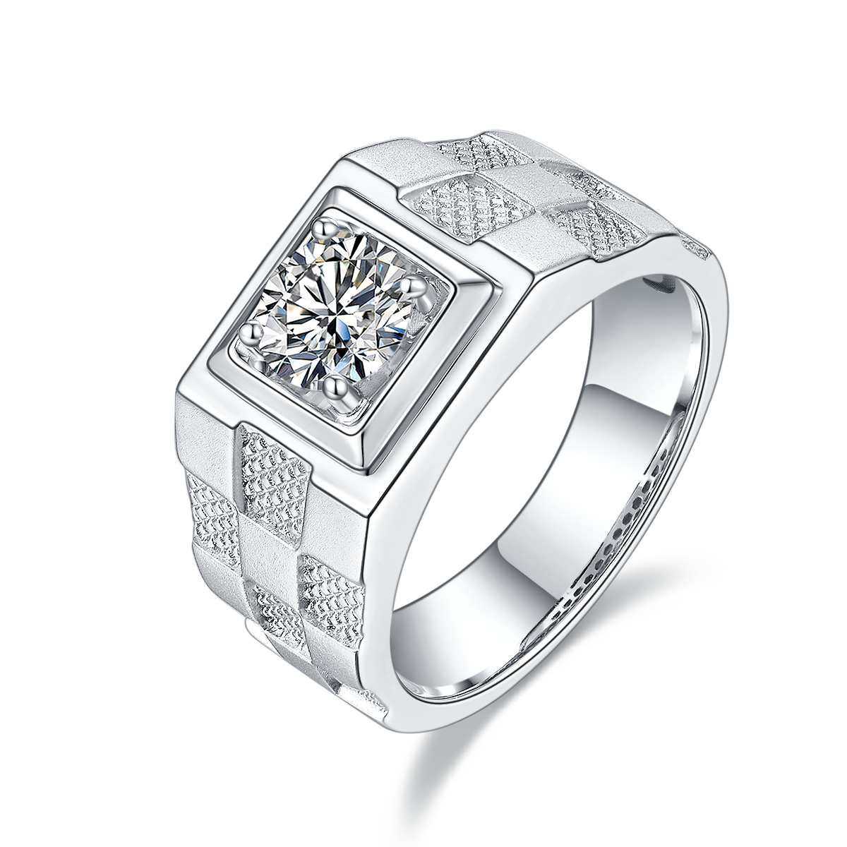 Men's Sterling Silver S925 Statement Ring, 1CT D Grade Moissanite, 18K White Gold Plated, Engraved Check Pattern - AdornMazing