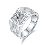 Men's Sterling Silver S925 Statement Ring, 1CT D Grade Moissanite, 18K White Gold Plated, Engraved Check Pattern - AdornMazing