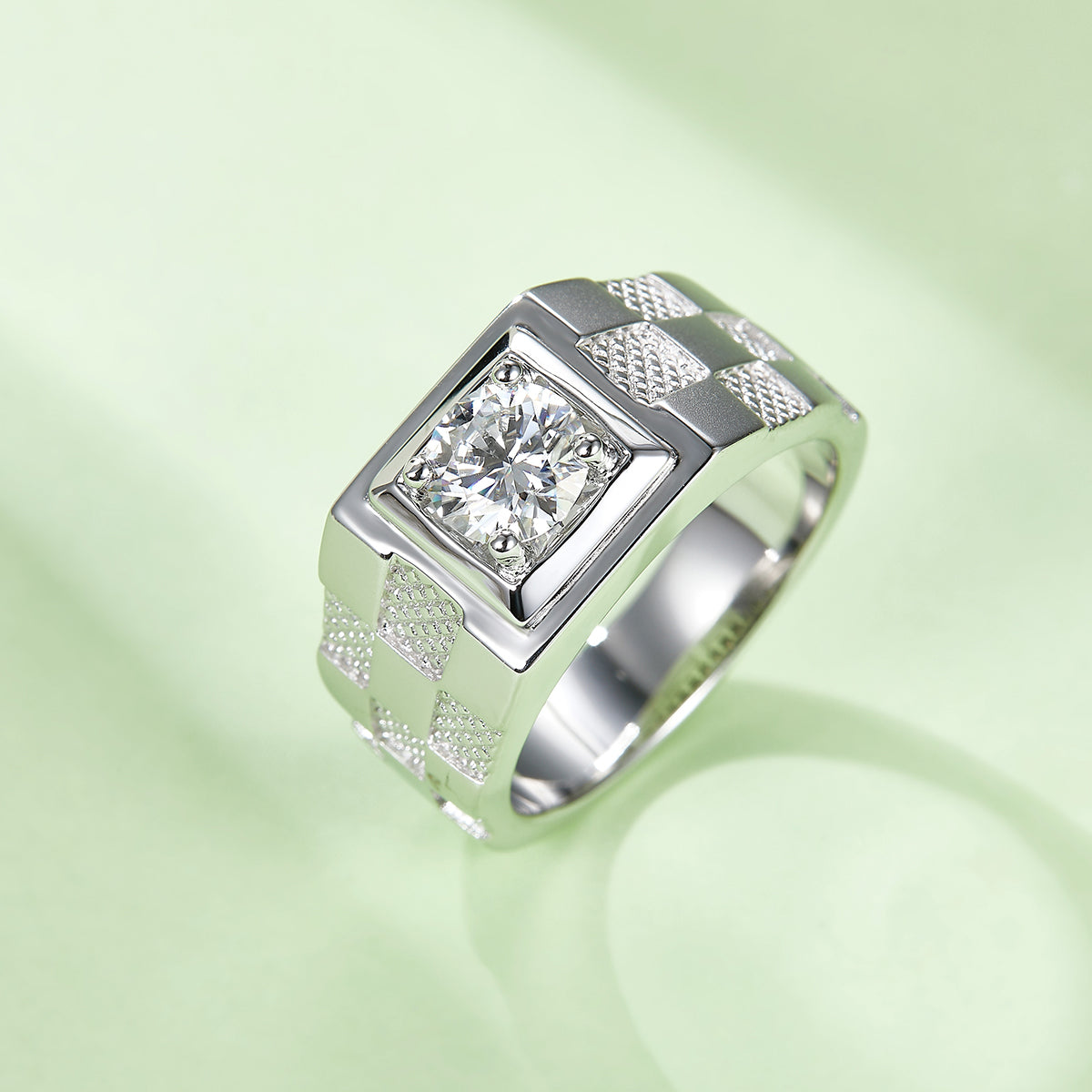 Men's Sterling Silver S925 Statement Ring, 1CT D Grade Moissanite, 18K White Gold Plated, Engraved Check Pattern - AdornMazing