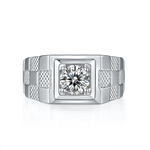 Men's Sterling Silver S925 Statement Ring, 1CT D Grade Moissanite, 18K White Gold Plated, Engraved Check Pattern - AdornMazing