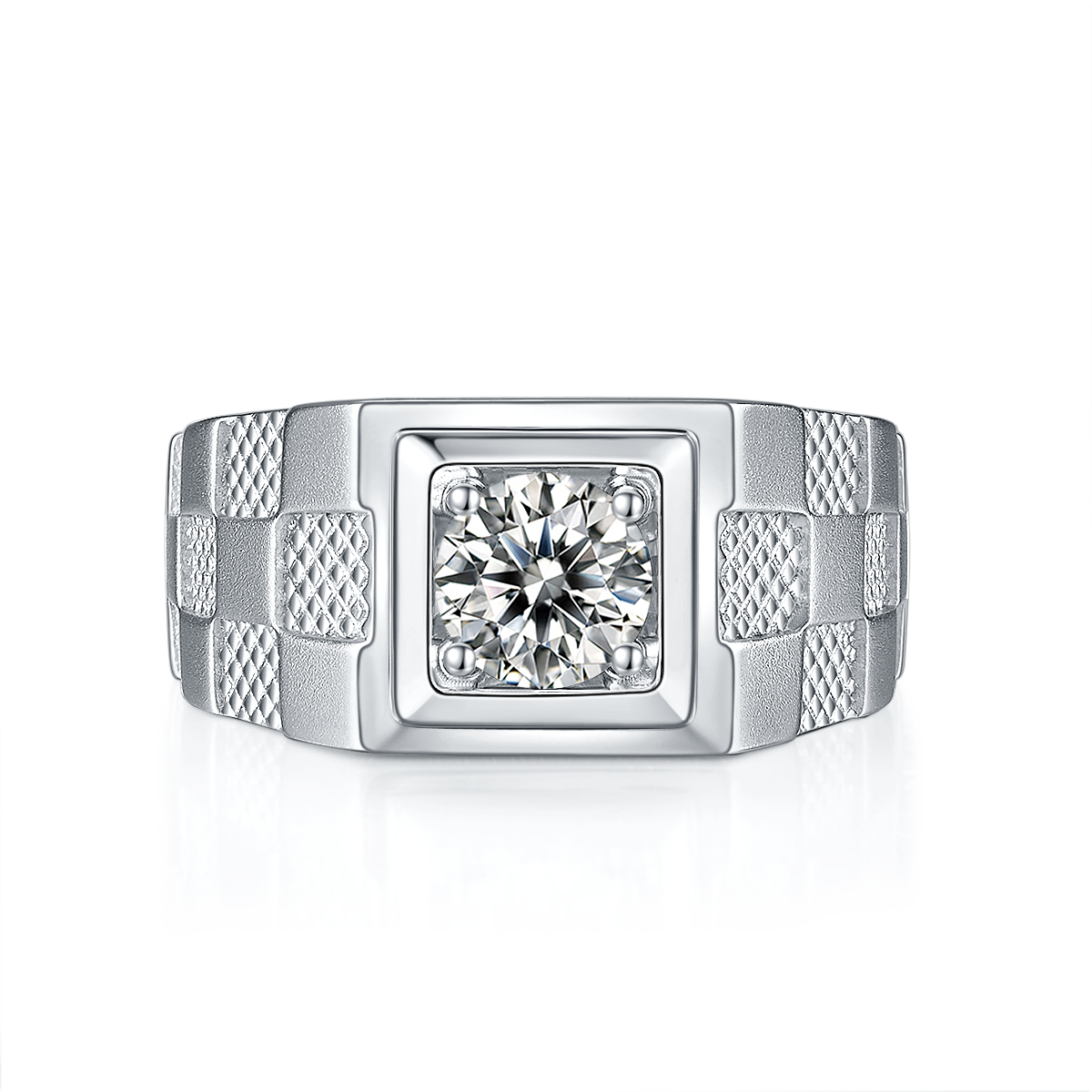 Men's Sterling Silver S925 Statement Ring, 1CT D Grade Moissanite, 18K White Gold Plated, Engraved Check Pattern - AdornMazing
