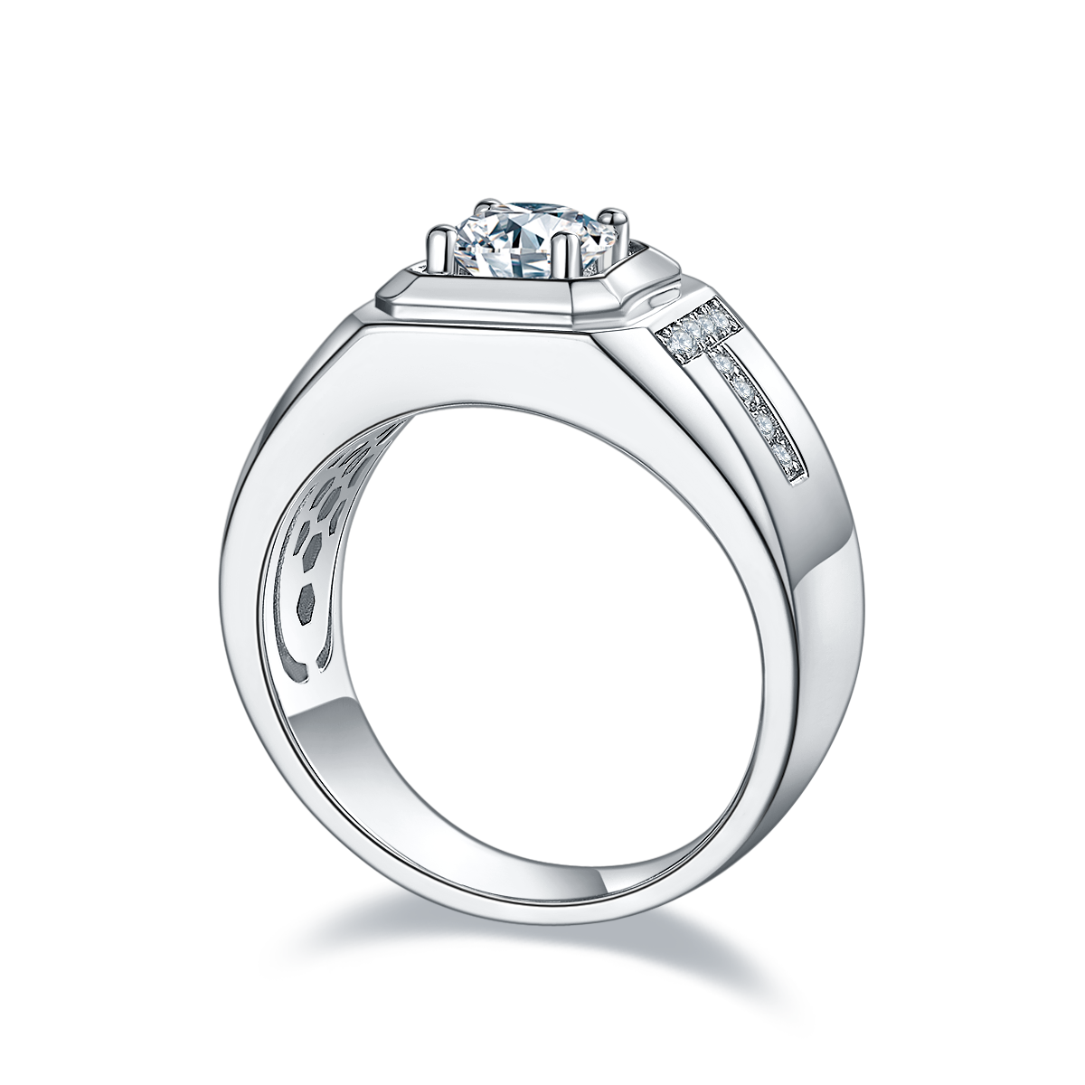 Men’s S925 Sterling Silver Moissanite Ring, 1CT D Grade, Polished White Gold Finish - AdornMazing