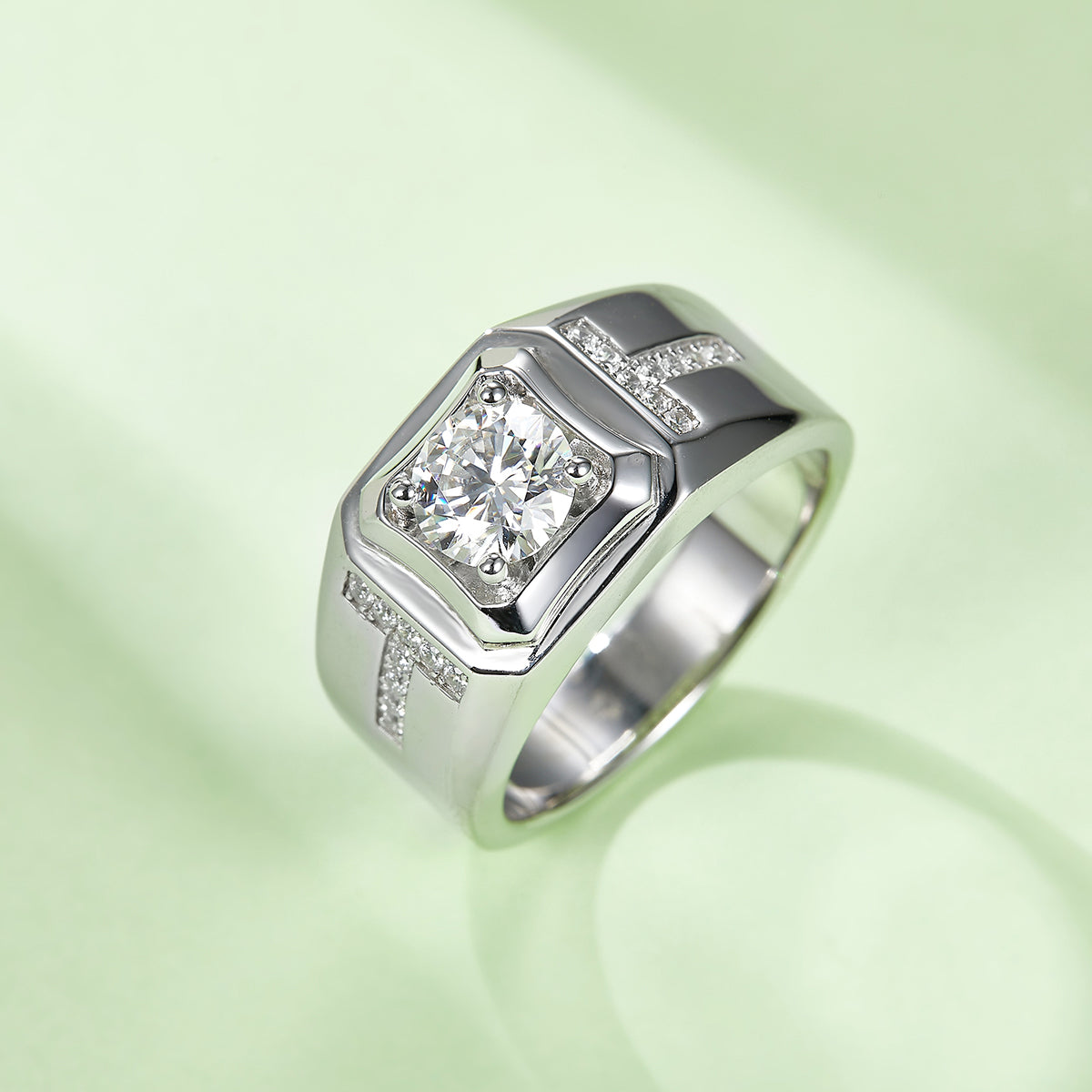 Men’s S925 Sterling Silver Moissanite Ring, 1CT D Grade, Polished White Gold Finish - AdornMazing
