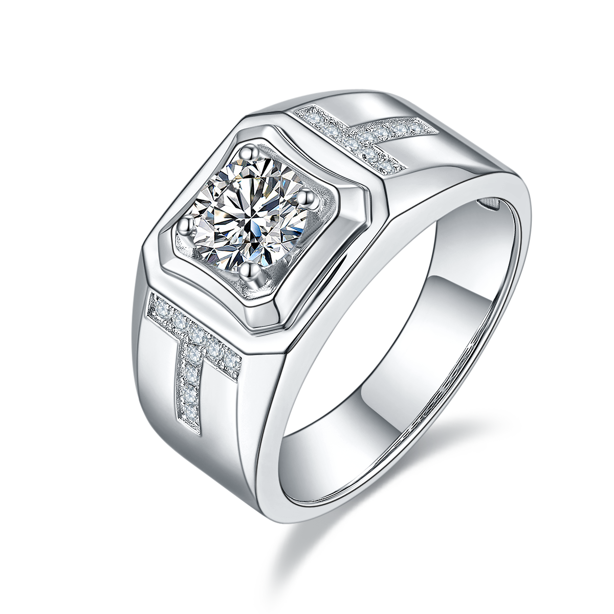 Men’s S925 Sterling Silver Moissanite Ring, 1CT D Grade, Polished White Gold Finish - AdornMazing