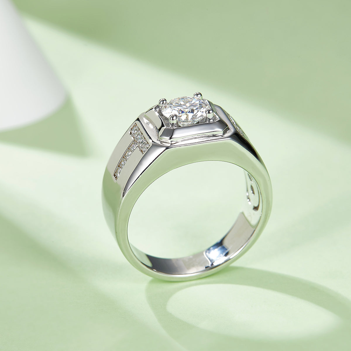 Men’s S925 Sterling Silver Moissanite Ring, 1CT D Grade, Polished White Gold Finish - AdornMazing