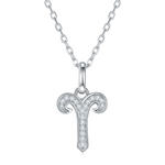 Silver Aries zodiac symbol necklace on a white background