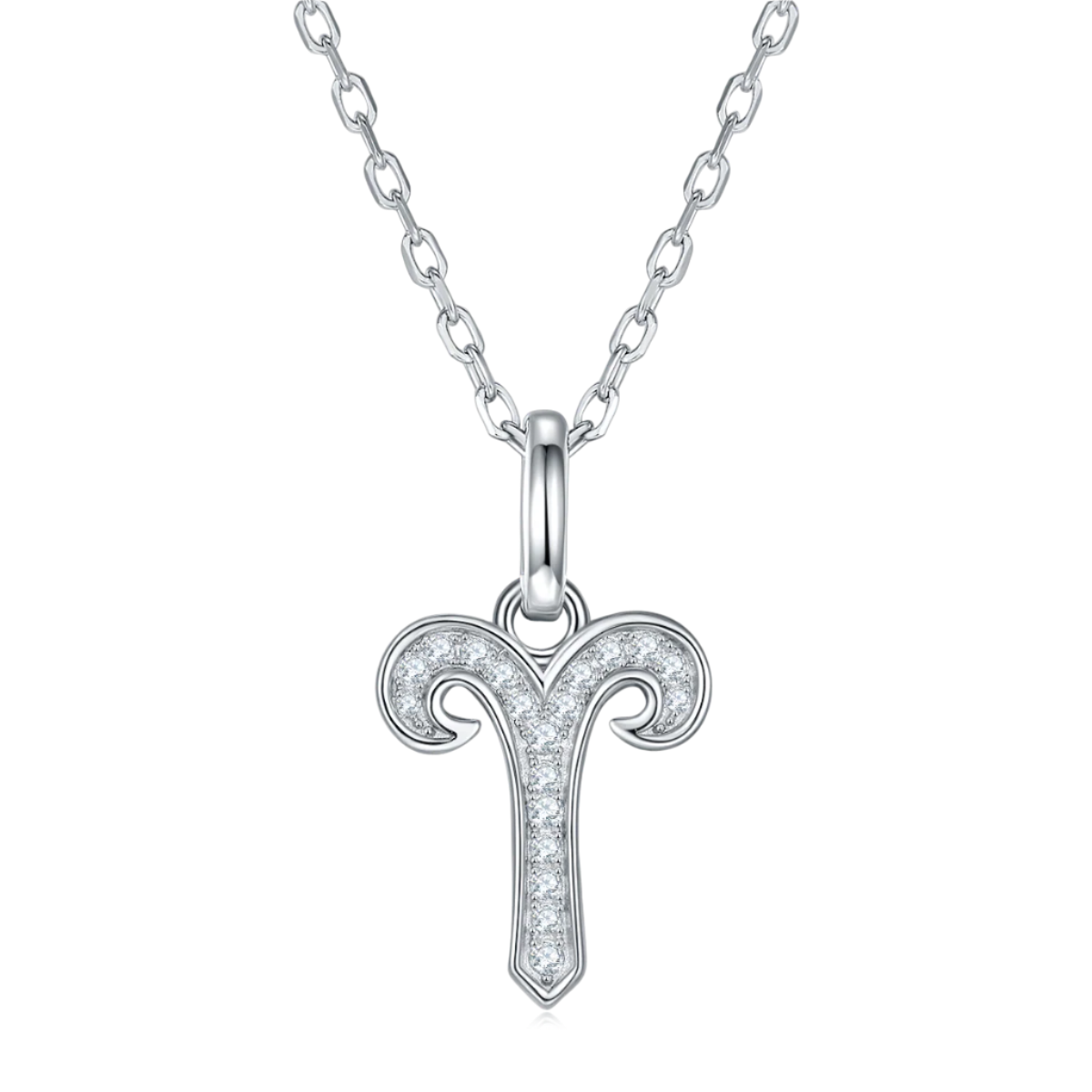 Silver Aries zodiac symbol necklace on a white background