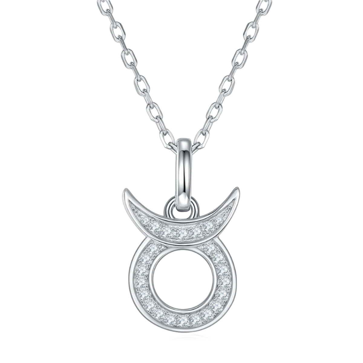 Silver necklace with a crescent moon and circle pendant on a white background