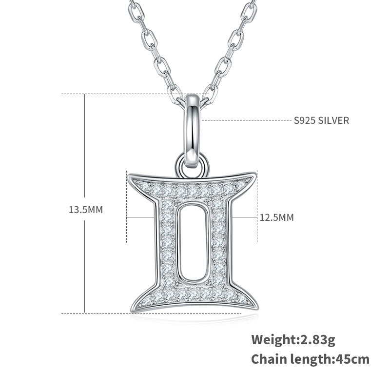 Silver necklace with Gemini zodiac pendant and measurement details on a white background