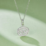 Silver zodiac pendant necklace on a light green background