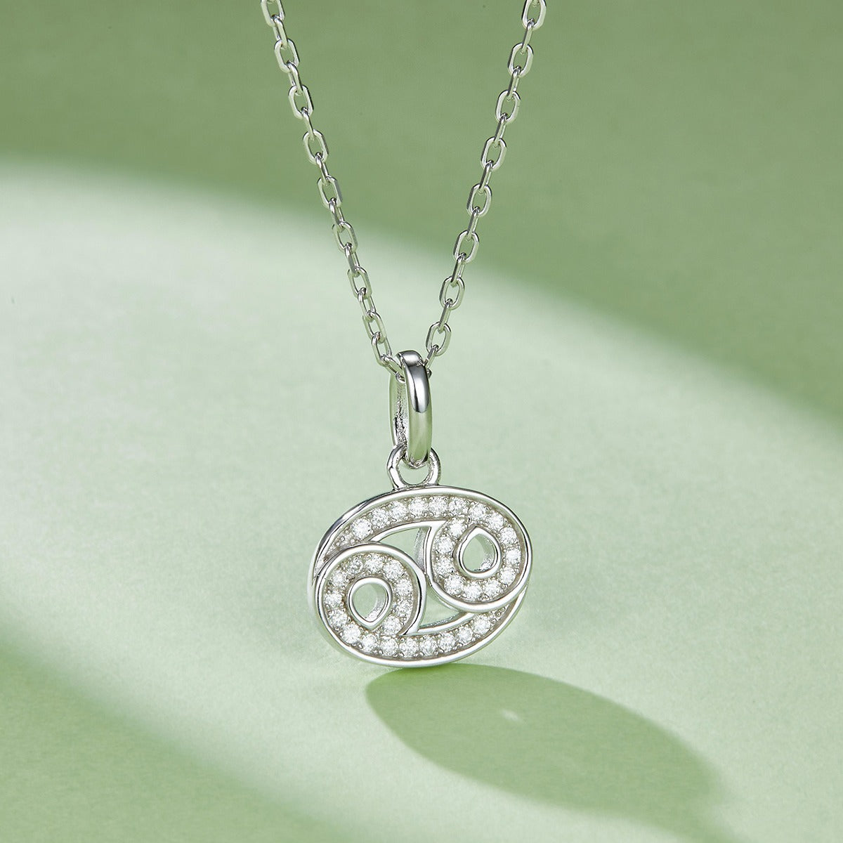 Silver zodiac pendant necklace on a light green background