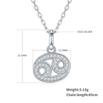 Silver Cancer zodiac pendant necklace with measurements on a white background
