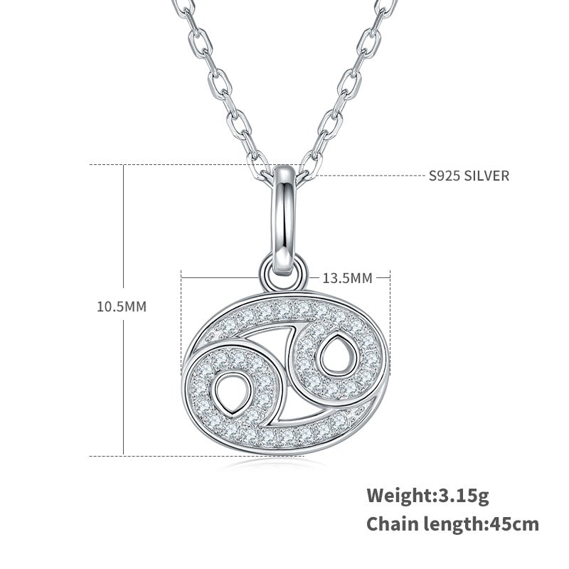 Silver Cancer zodiac pendant necklace with measurements on a white background