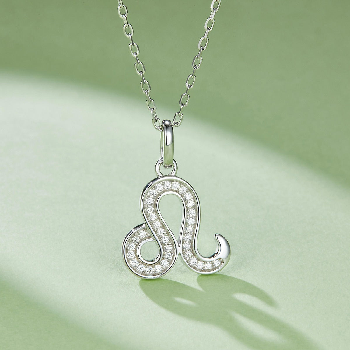 Silver 'S' pendant necklace on a light green background