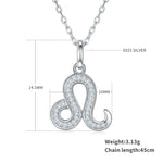 Silver lion pendant necklace with measurements on a white background