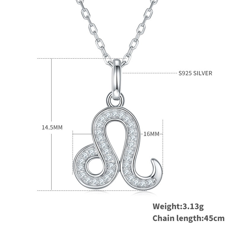 Silver lion pendant necklace with measurements on a white background