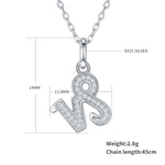 Silver necklace with a pendant, showing dimensions and material details on a white background.