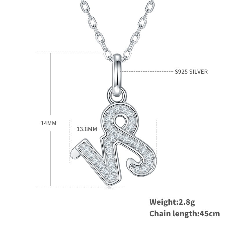 Silver necklace with a pendant, showing dimensions and material details on a white background.