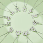 Silver zodiac necklaces on a light green background