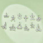 Set of silver zodiac pendants on a light green background