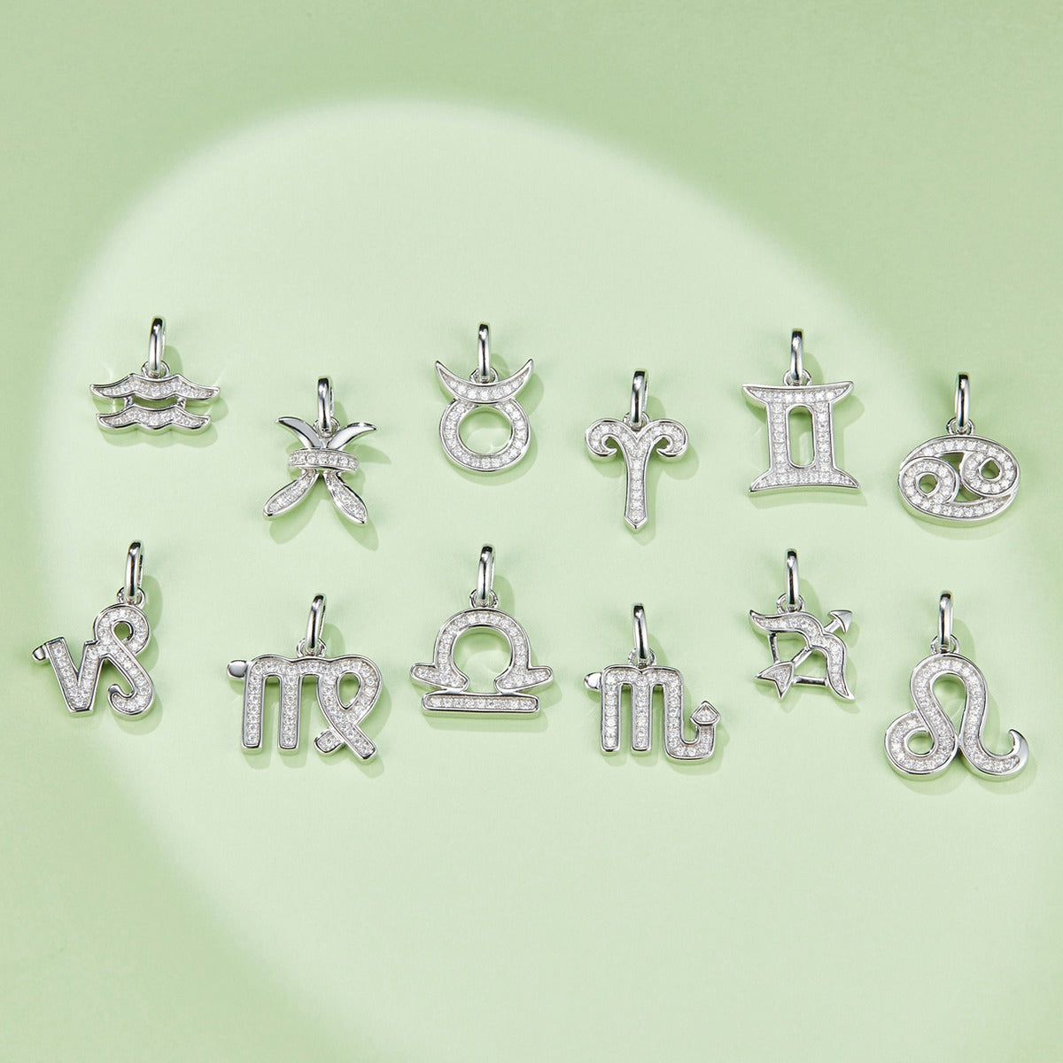 Set of silver zodiac pendants on a light green background